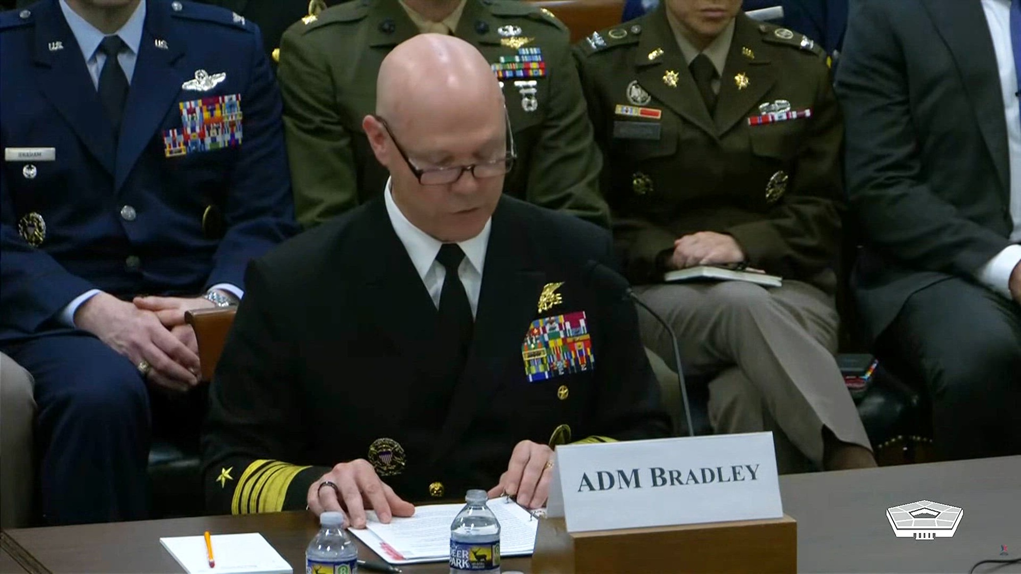 Navy Adm. Frank M. Bradley, commander of U.S. Special Operations Command, and Derrick Anderson, assistant secretary of war for special operations and low-intensity conflict, testify on special operations forces challenges and resource priorities for fiscal year 2027 during a House Armed Services Committee hearing in Washington, March 18, 2026.