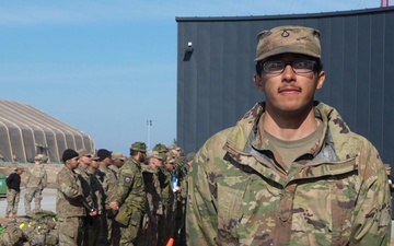 Pfc. Levi Farmer discusses Spur Ride at Pabrade Training Area