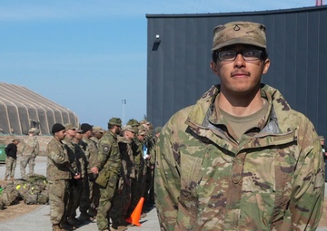 Pfc. Levi Farmer discusses Spur Ride at Pabrade Training Area
