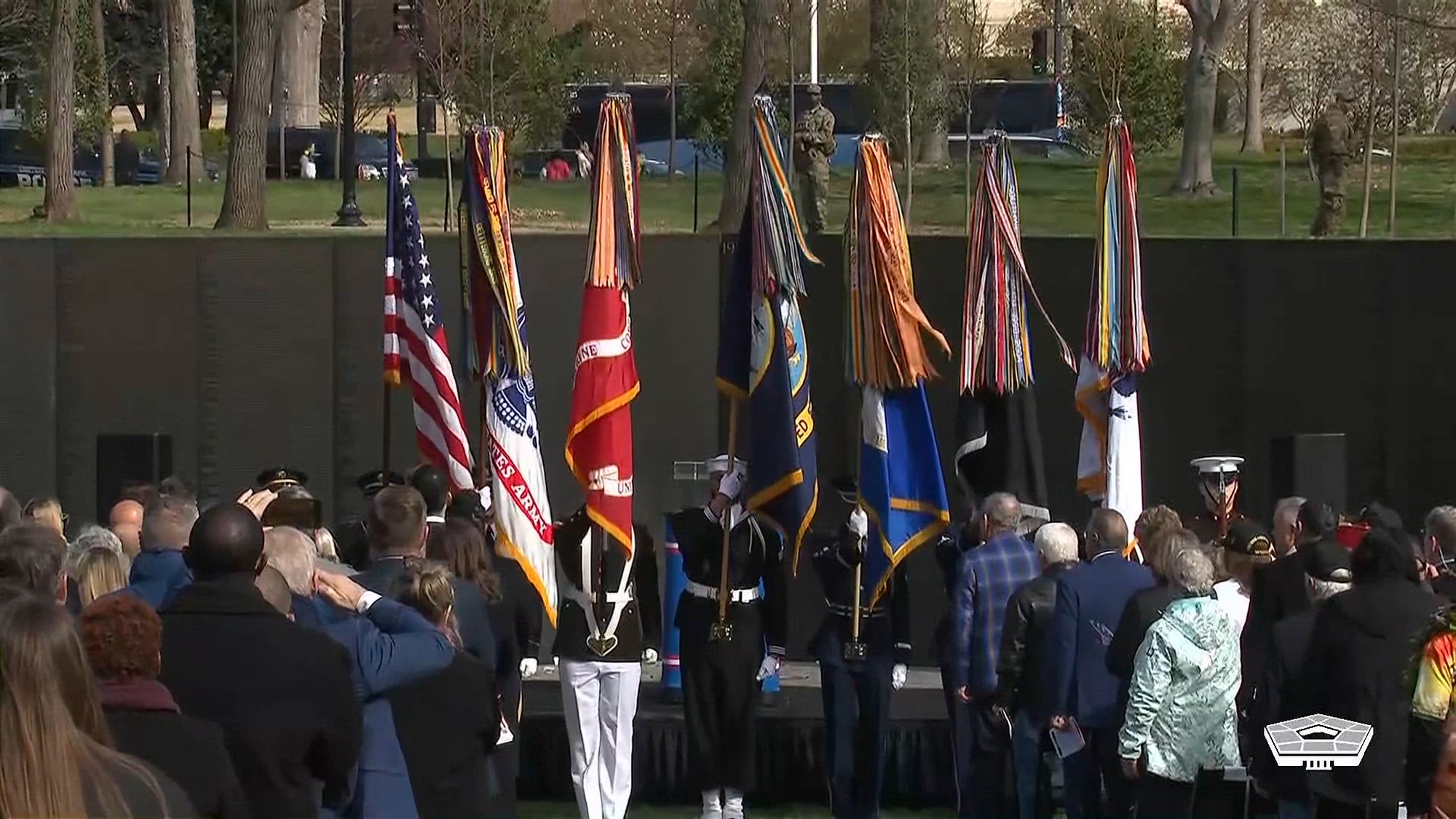 Secretary of War Pete Hegseth lays a wreath and delivers remarks during a National Vietnam War Veterans Day observance at the Vietnam Veterans Memorial in Washington, March 29, 2026.