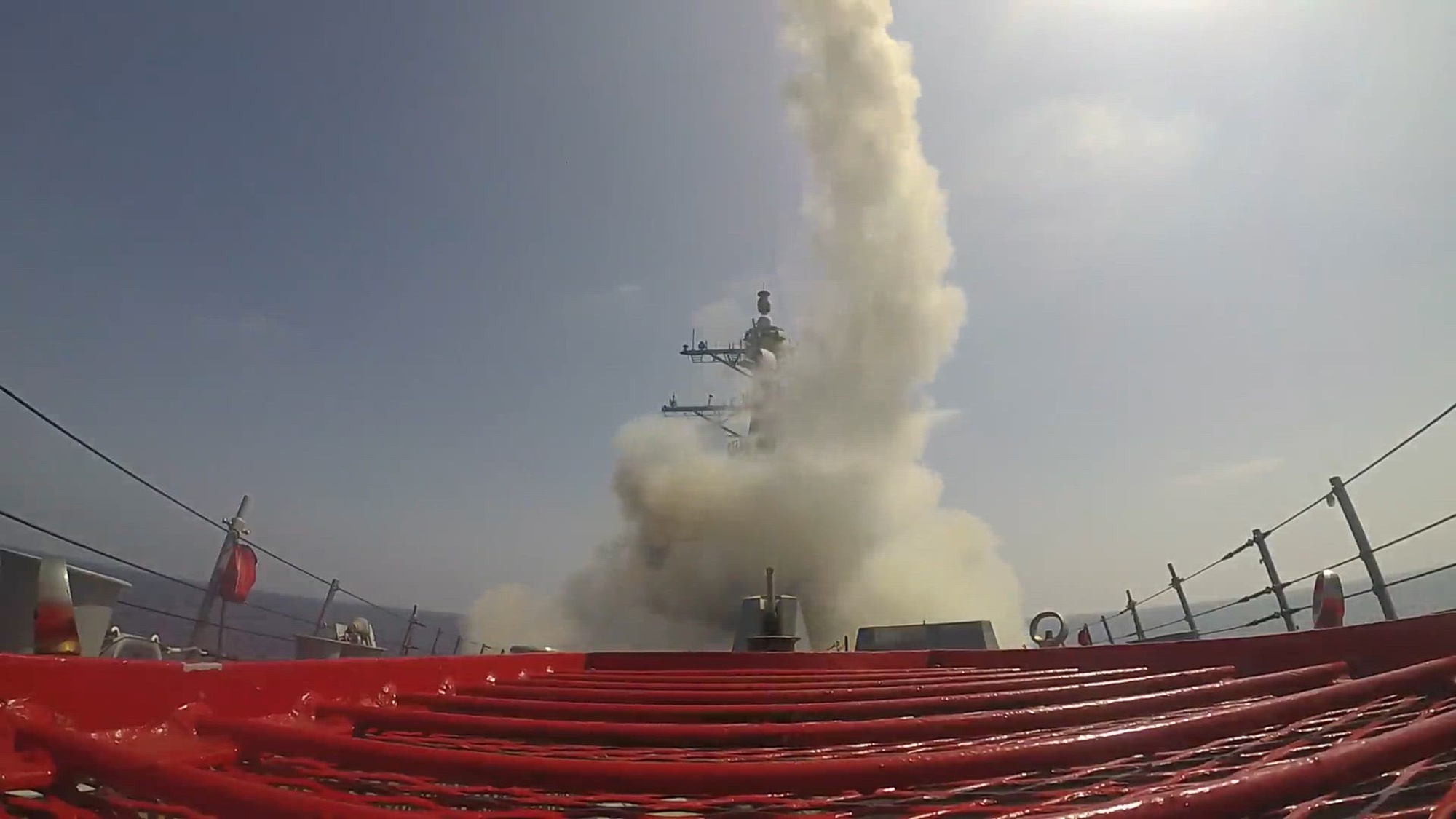 Arleigh Burke-class guided-missile destroyer USS Frank E. Petersen Jr. (DDG 121) fires Standard Missiles during operations in the U.S. Central Command area of responsibility, Feb. 28, 2026. Frank E. Peterson Jr. is deployed to the U.S. 5th Fleet area of operations to support maritime security and stability in the Middle East.