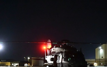 B-roll of a Spanish air force NH90 helicopter taxiing at night during exercise Sentry South 26-2 at the Combat Readiness Training Center, Gulfport, Mississippi, Feb. 24, 2026.