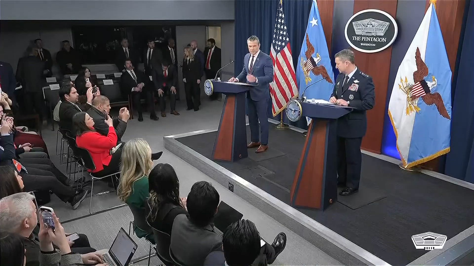 Secretary of War Pete Hegseth and Air Force Gen. Dan Caine, chairman of the Joint Chiefs of Staff, hold a press briefing at the Pentagon, March 2, 2026.