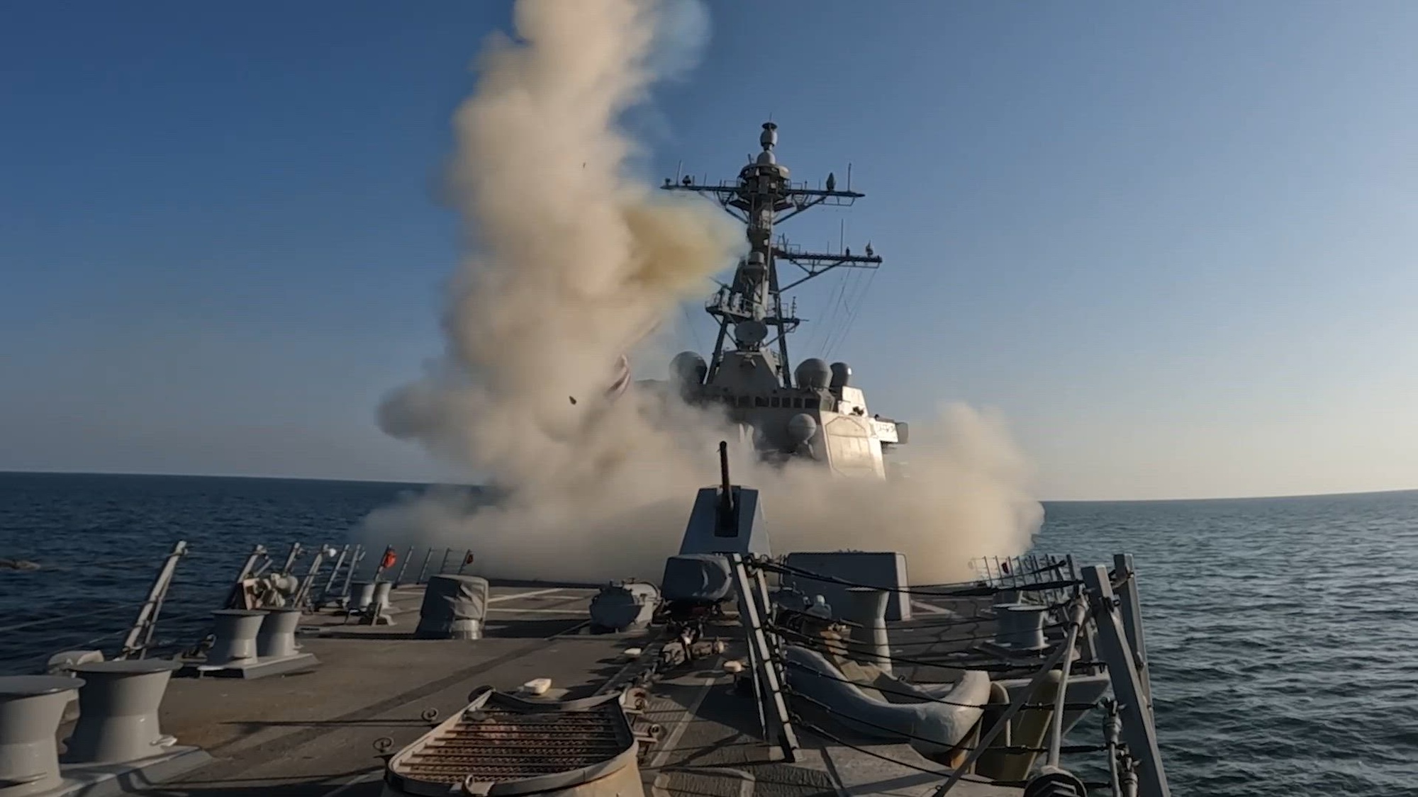 Arleigh Burke-class guided-missile destroyer USS Spruance (DDG 111) fires a Tomahawk Land Attack Missile (TLAM) during operations in the U.S. Central Command area of responsibility in support of Operation Epic Fury, Mar. 2, 2026.  (U.S. Navy Video)