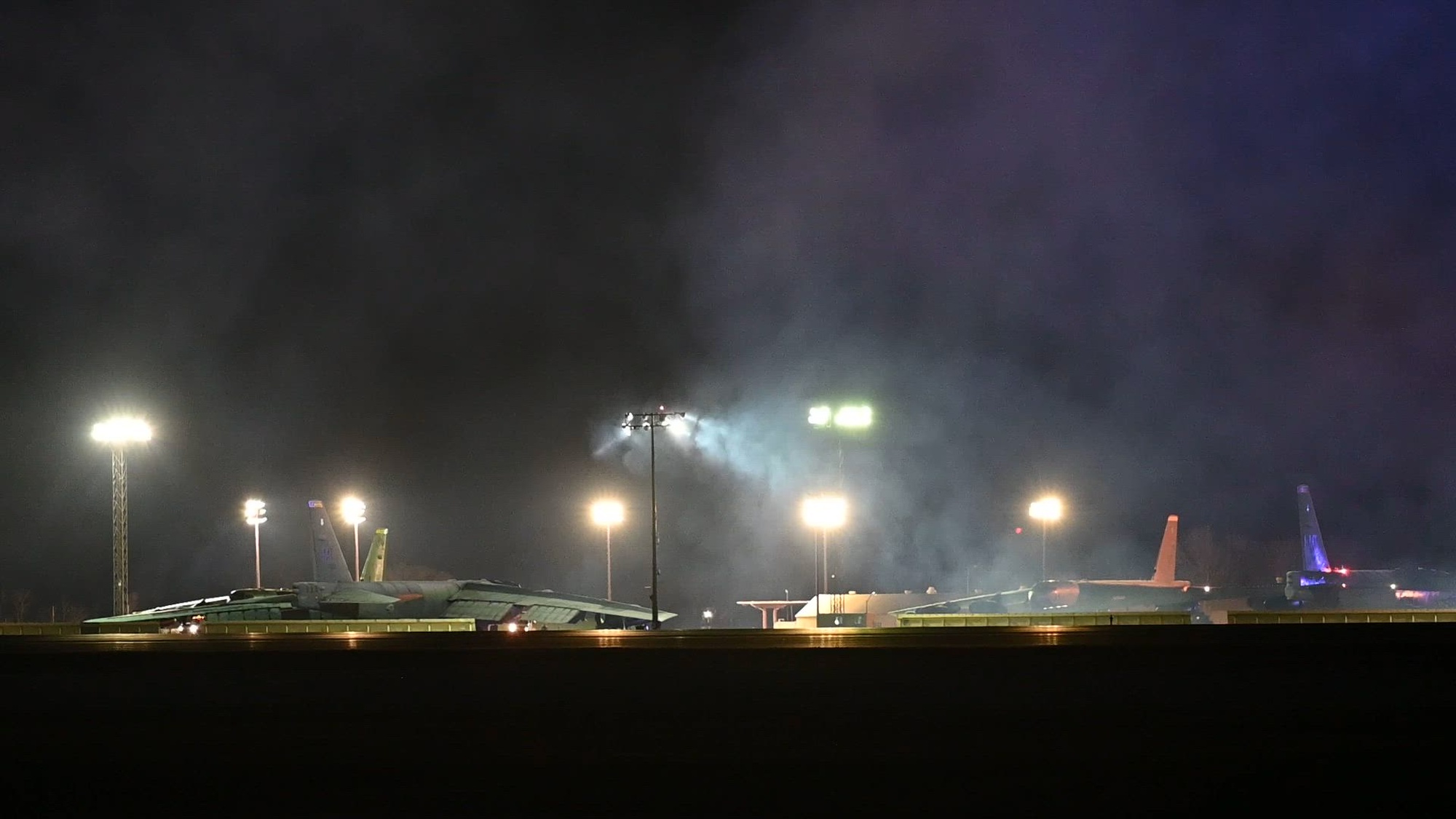 U.S. Air Force B-52H Stratofortress bombers taxi for takeoff in support of Operation Epic Fury, March 2, 2026. (U.S. Air Force Video)