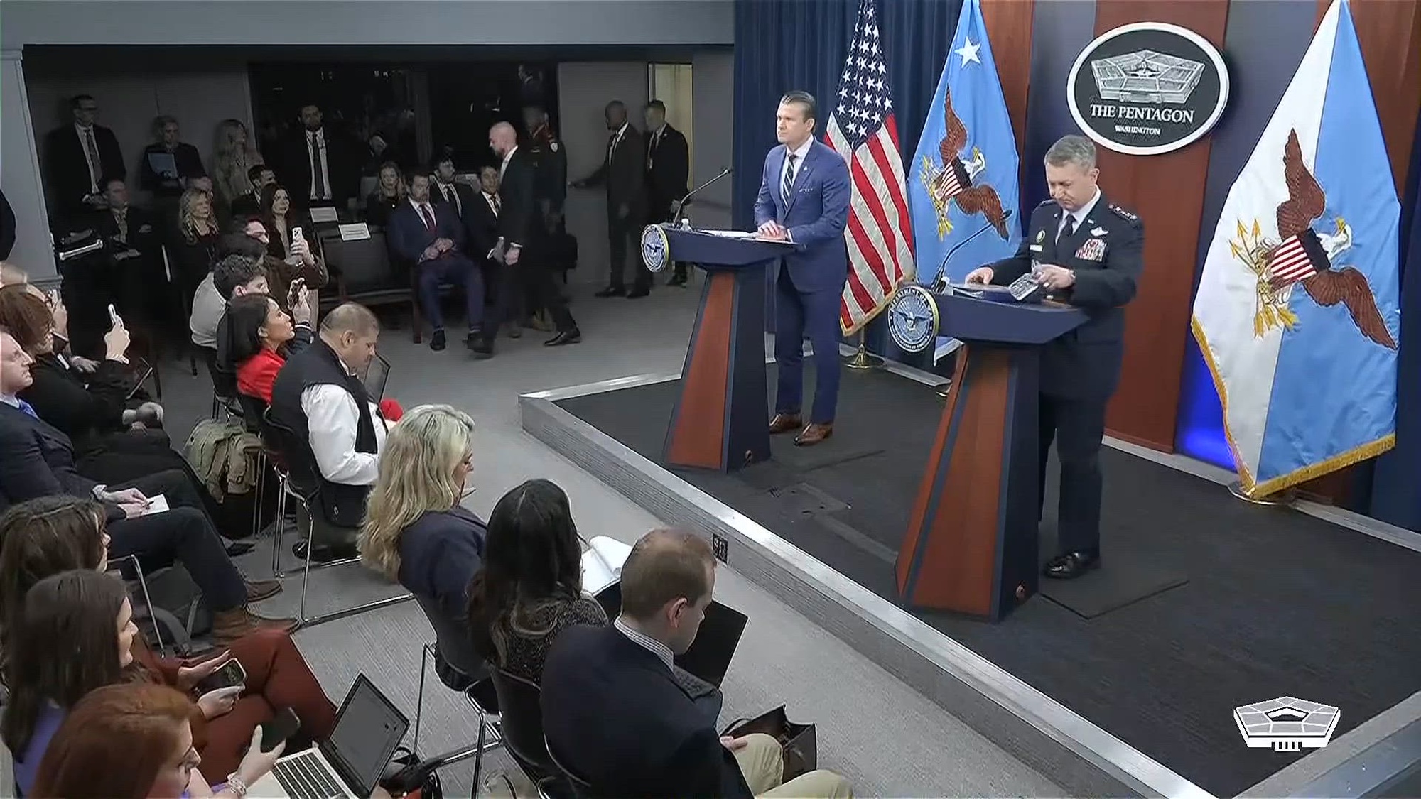 Secretary of War Pete Hegseth and Air Force Gen. Dan Caine, chairman of the Joint Chiefs of Staff, conduct a press conference at the Pentagon, March 10, 2026.