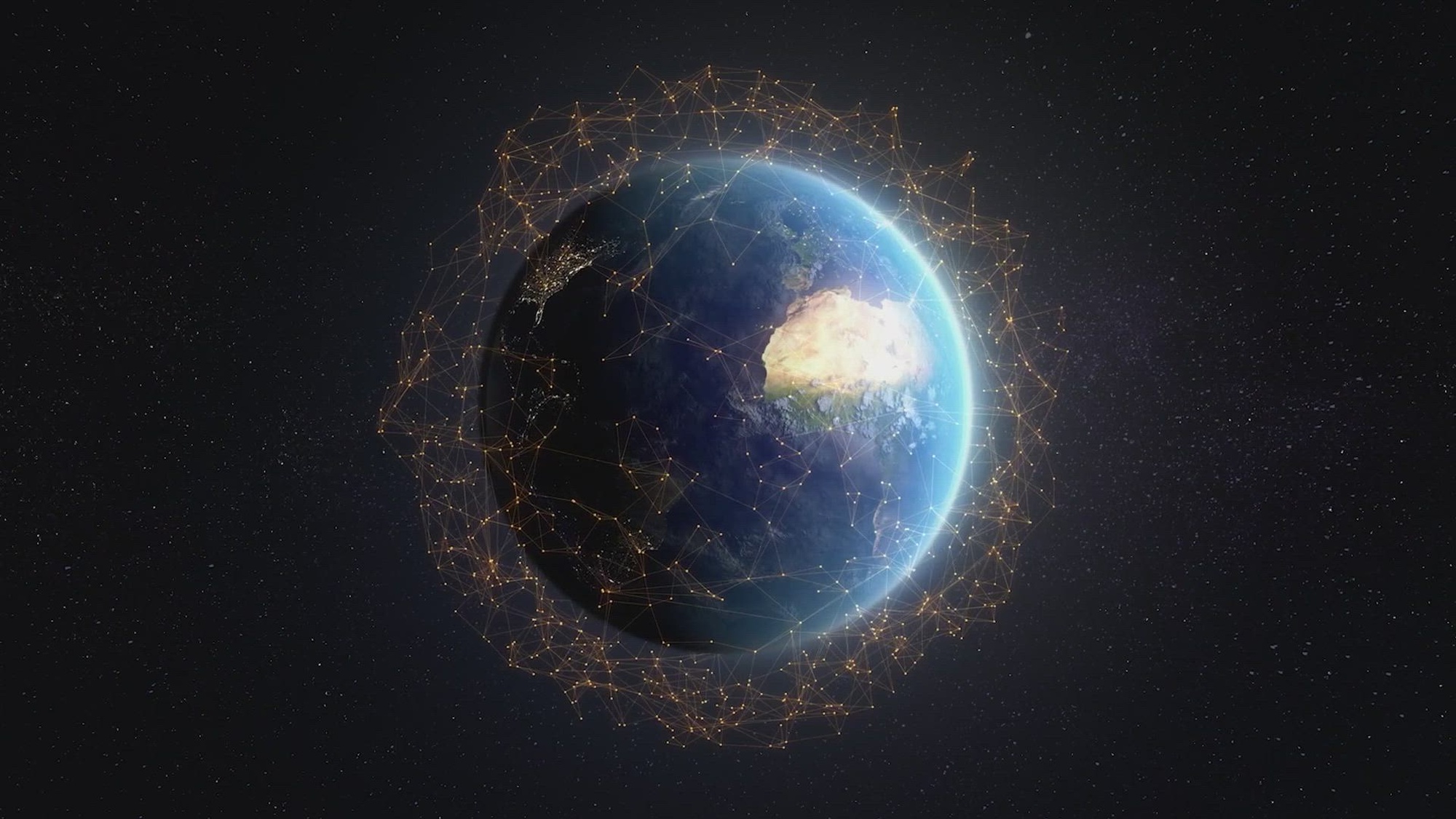 Graphic image of earth with hundreds of tiny dots of light and connecting lines