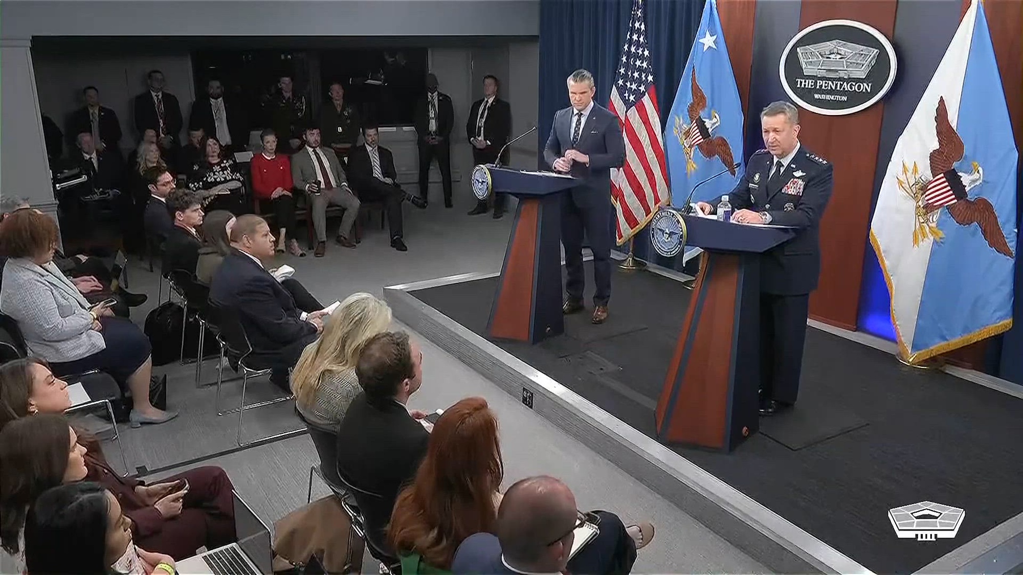 Secretary of War Pete Hegseth and Air Force Gen. Dan Caine, chairman of the Joint Chiefs of Staff, conduct a press conference at the Pentagon, March 13, 2026.
