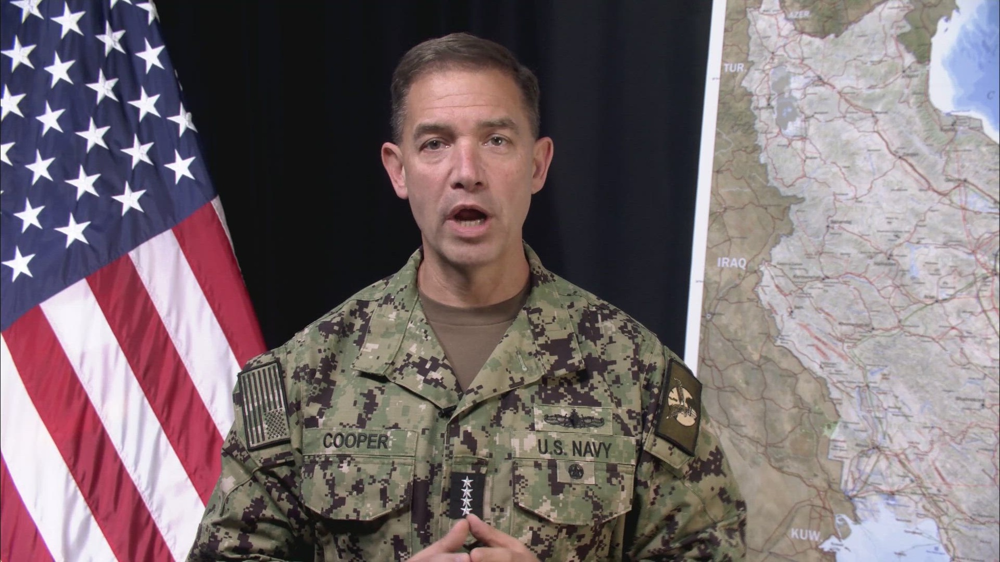 U.S. Navy Adm. Brad Cooper, commander of CENTCOM, provides an update on Operation Epic Fury, March 16, 2026. (U.S. Central Command Video)
