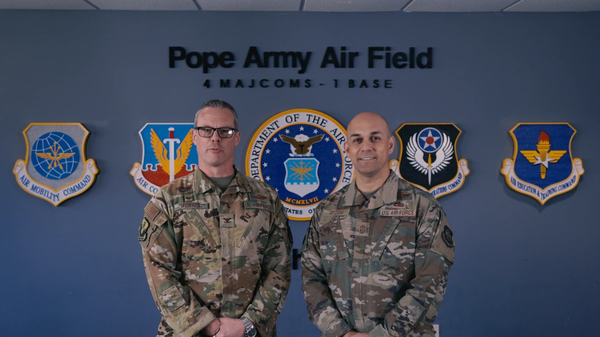 Col. Allen C. Morris, Jr., 43rd Air Mobility Operations Group (AMOG) commander and Chief Master Sgt. Tomio P. Brown, Sr., 43rd AMOG command chief, encourage Airmen to donate to the Air Force Assistance Fund and other official Air Force charities. All of these charities support different Air Force communities in different ways. (U.S. Army video by Staff Sgt. Rene Rosas)