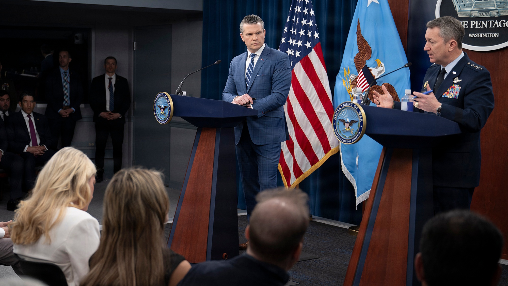 Secretary of War Pete Hegseth and Air Force Gen. Dan Caine, chairman of the Joint Chiefs of Staff, conduct a press conference at the Pentagon, April 8, 2026.