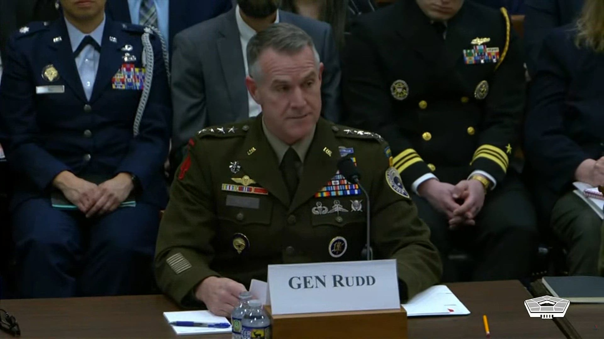 Civilian and military leaders testify on the resourcing, priorities and challenges facing the intelligence enterprise for fiscal year 2027, during a House Armed Services Committee’s intelligence and special operations subcommittee hearing in Washington, April 16, 2026. Testifying today are Bradley Hansell, undersecretary of war for intelligence and security; Army Gen. Joshua Rudd, National Security Agency director and U.S. Cyber Command commander; Army Lt. Gen. Michele Bredenkamp, National Geospatial-Intelligence Agency director; and Marine Corps Lt. Gen. James H. Adams III, Defense Intelligence Agency director.