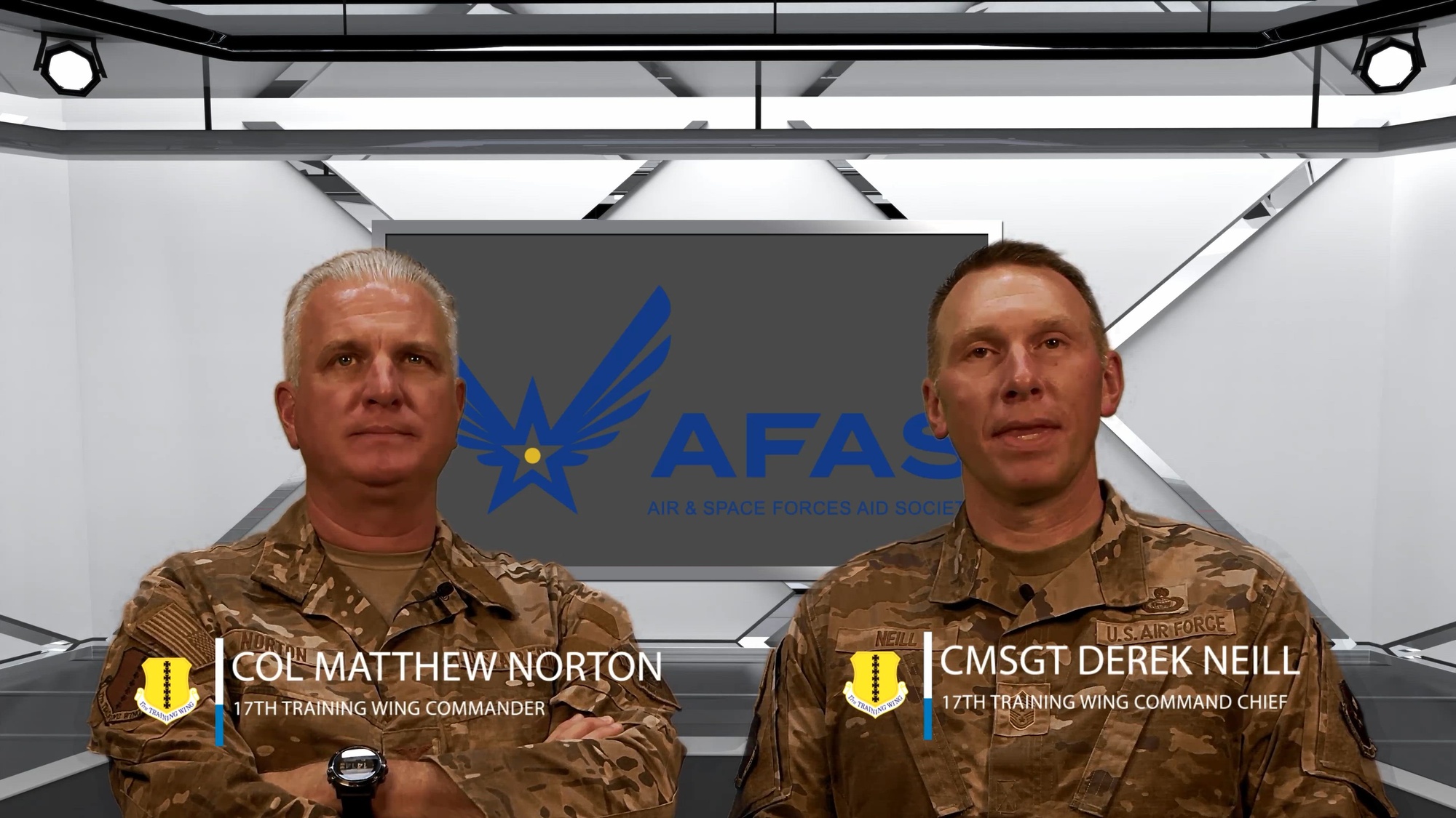 Col. Matthew Norton and CMSgt Derek Neill introduce the 2026 Air and Space Forces Aid Society fund drive to the 17th Training Wing community.  The fund drive focuses on helping Airmen and Guardians in times of need.