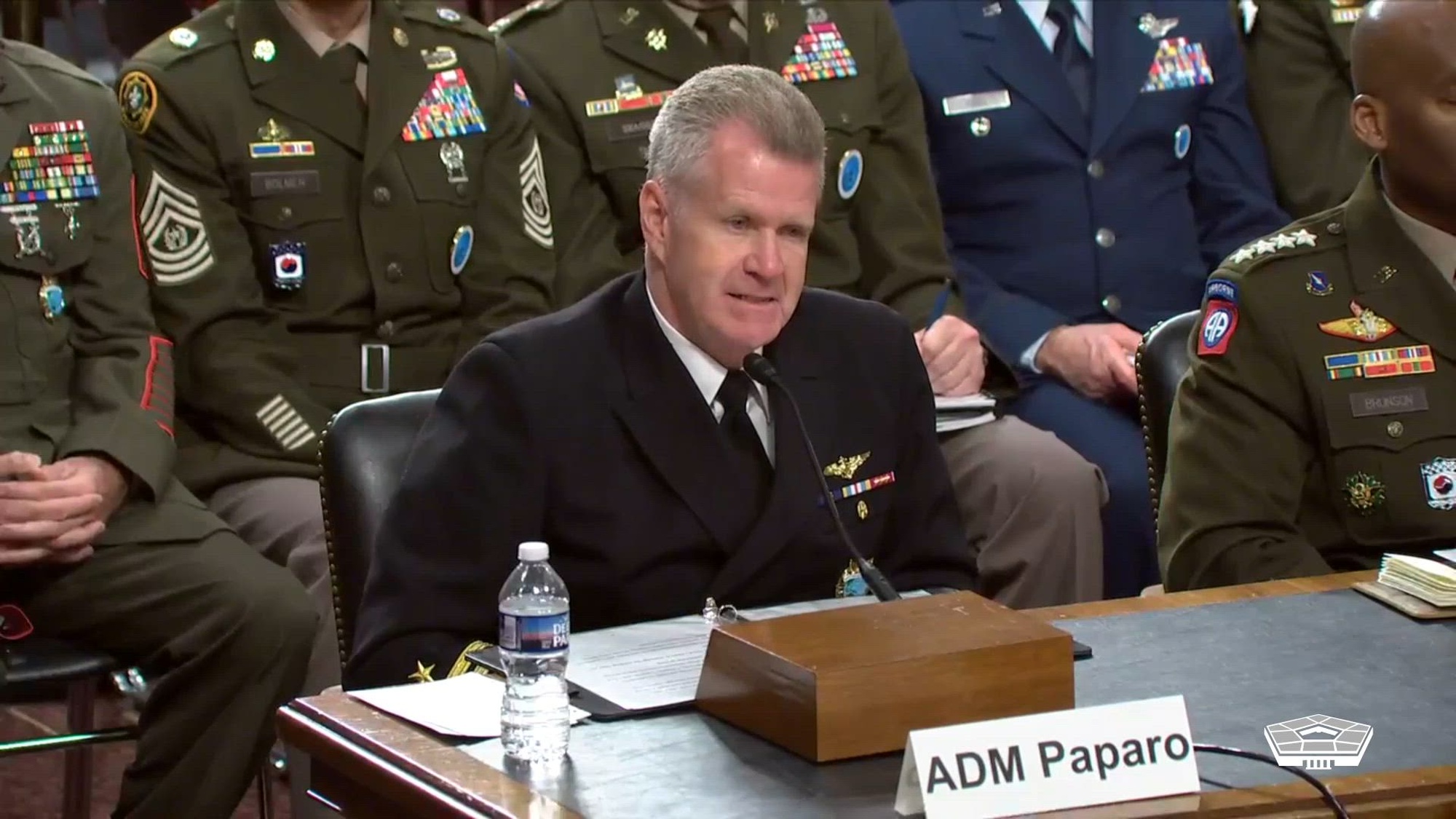 Navy Adm. Samuel Paparo Jr., commander of U.S. Indo-Pacific Command, and Army Gen. Xavier Brunson, commander of United Nations Command, Combined Forces Command and U.S. Forces Korea, testify on the posture of their respective commands for the defense authorization request for fiscal year 2027 during a Senate Armed Services Committee hearing in Washington, April 21, 2026.