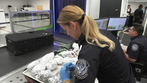 CBP Agriculture Specialists inspect bags of returning trevelers.