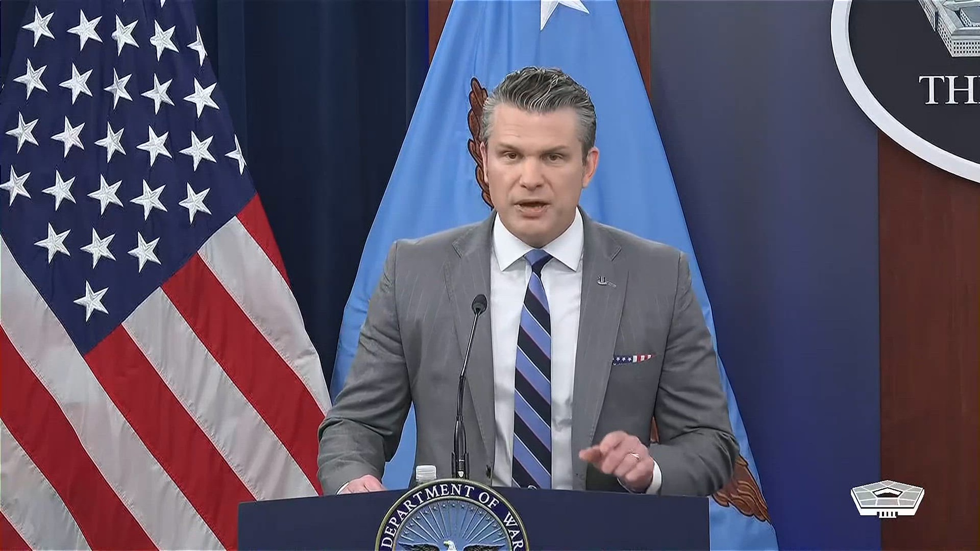 Secretary of War Pete Hegseth and Air Force Gen. Dan Caine, chairman of the Joint Chiefs of Staff, speak to members of the press at the Pentagon, April 24, 2026