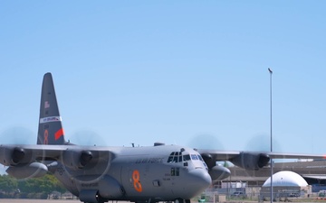 B-roll of Air National Guard and CAL FIRE C-130 Aircraft Taxiing, Landing, Taking Off, and Conducting Water Drop