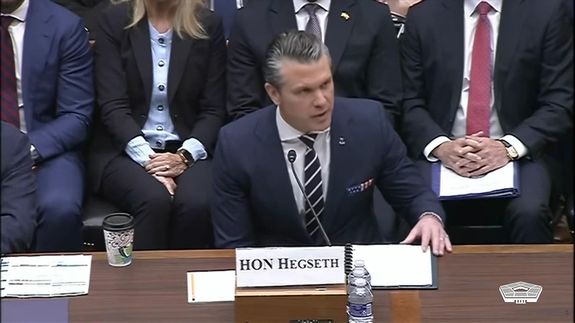 Secretary of War Pete Hegseth and Air Force Gen. Dan Caine, chairman of the Joint Chiefs of Staff, testify before the House Armed Services Committee on the War Department’s fiscal year 2027 budget request during a hearing in Washington, April 29, 2026.