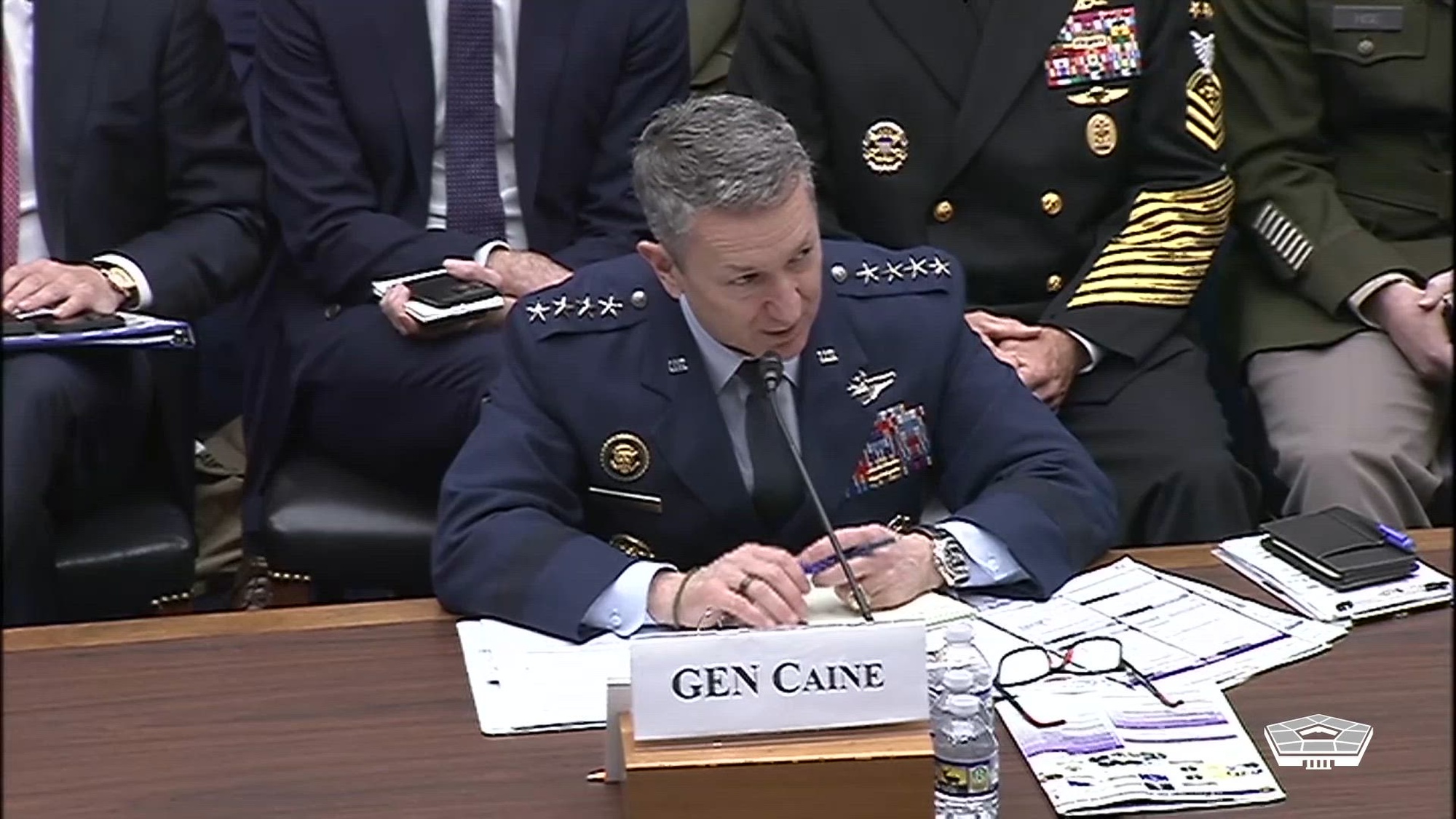 Secretary of War Pete Hegseth and Air Force Gen. Dan Caine, chairman of the Joint Chiefs of Staff, testify before the House Armed Services Committee on the War Department’s fiscal year 2027 budget request during a hearing in Washington, April 29, 2026.
