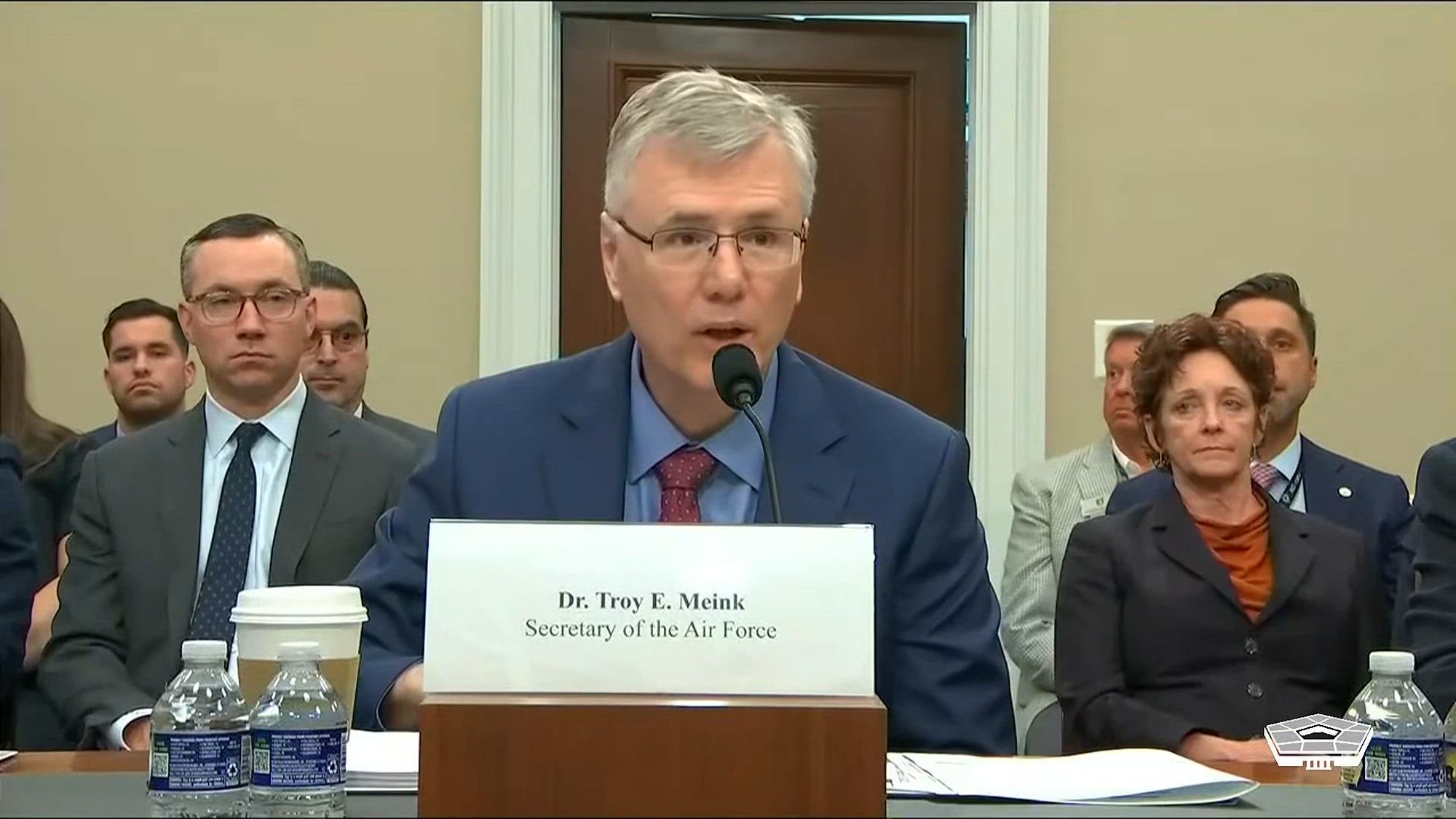 Air Force Secretary Troy Meink, Gen. Kenneth Wilsbach, Air Force chief of staff, and Space Force Gen. B. Chance Saltzman, chief of space operations, testify on the fiscal year 2027 Department of the Air Force budget request during a House Appropriations Committee defense subcommittee hearing in Washington, April 30, 2026.