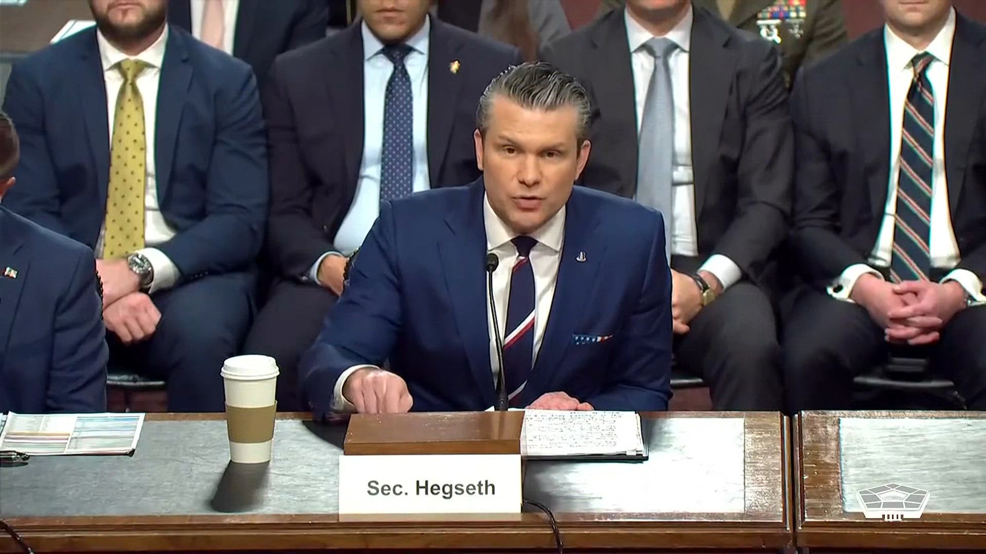 Secretary of War Pete Hegseth, Air Force Gen. Dan Caine, chairman of the Joint Chiefs of Staff; and Jules W. Hurst III, performing the duties of the War Department comptroller, testify on the War Department’s fiscal year 2027 budget request during a hearing before the Senate Armed Services Committee in Washington, April 30, 2026.