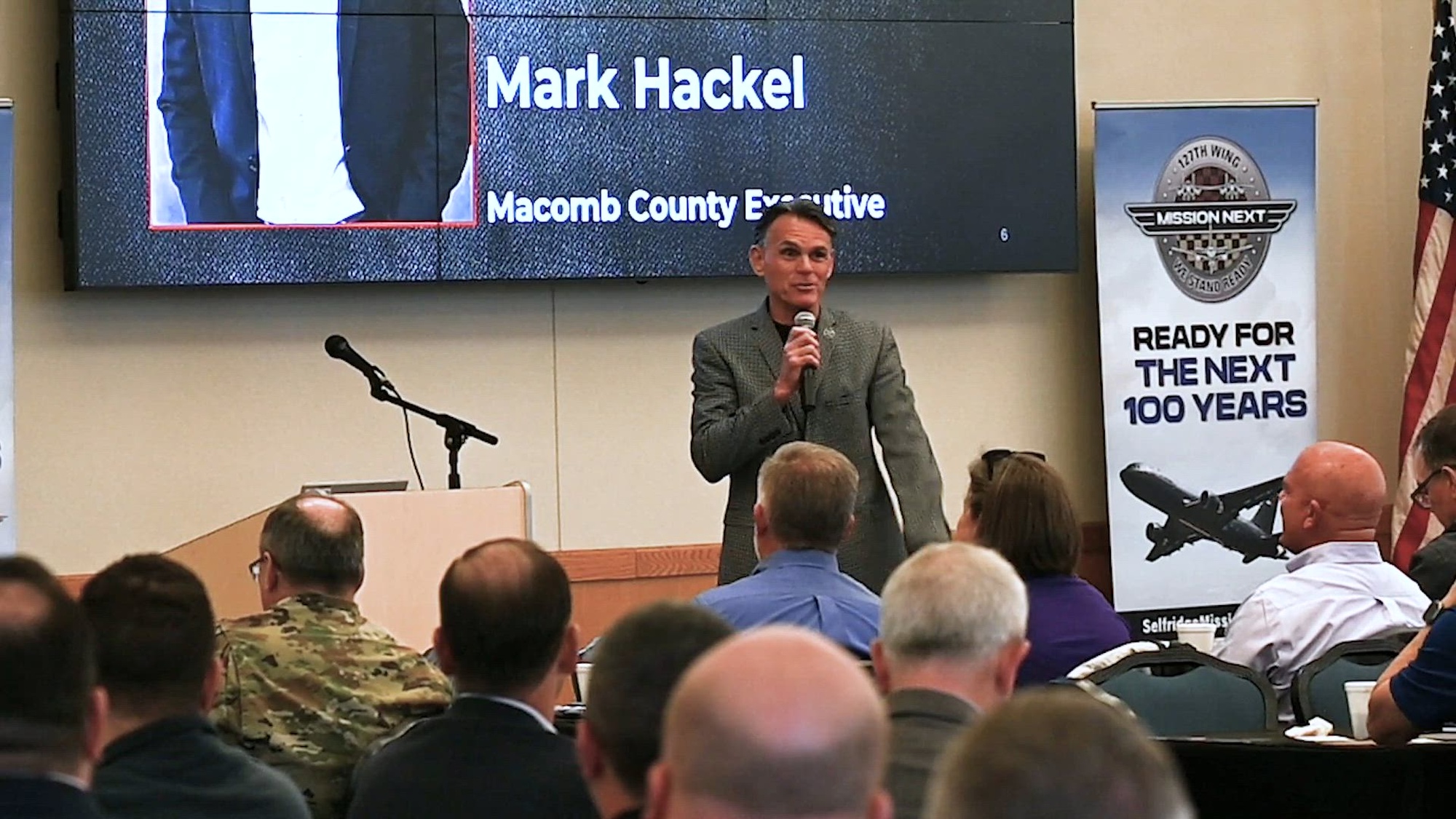 With more than $1 billion worth of investment in the pipeline, Michigan military and government leaders met with more than 300 business represeetnatives at Selfridge Air National Guard Base, April 27, 2026, highlighting opportunities, timelines and the processes that will be utilized over the next several years. (U.S. Air National Guard video by Master Sgt. Chelsea E. FitzPatrick)