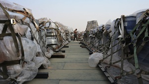 U.S. Air Force Airmen perform cargo operations during Operation Epic fury at a base in the Middle East