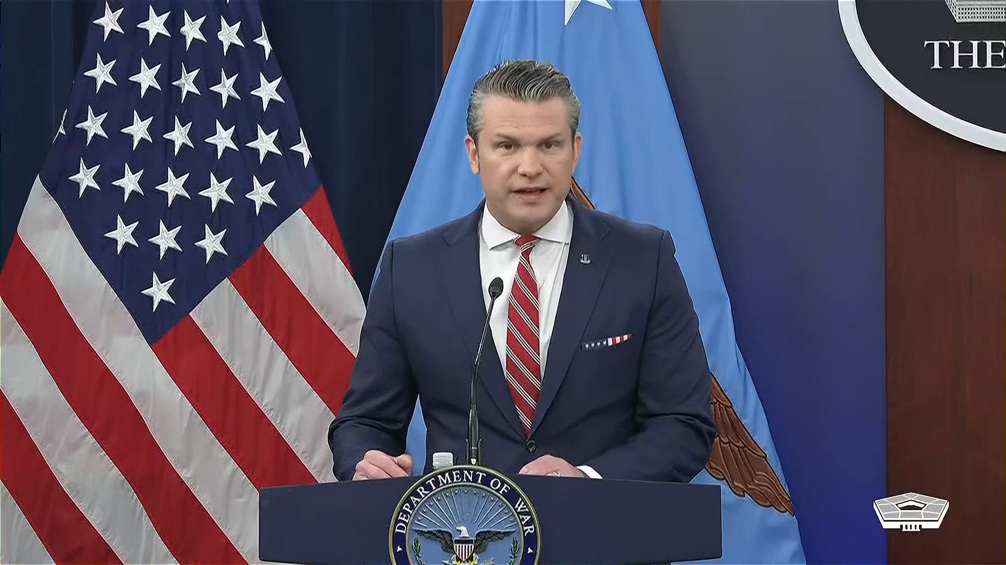 Secretary of War Pete Hegseth and Air Force Gen. Dan Caine, chairman of the Joint Chiefs of Staff, speak to members of the press at the Pentagon, May 5, 2026.