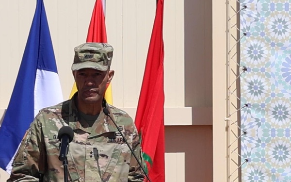 B-roll: US Army Maj. Gen. Andrew C. Gainey shares remarks during inaugural African Lion 26 drone academics graduation