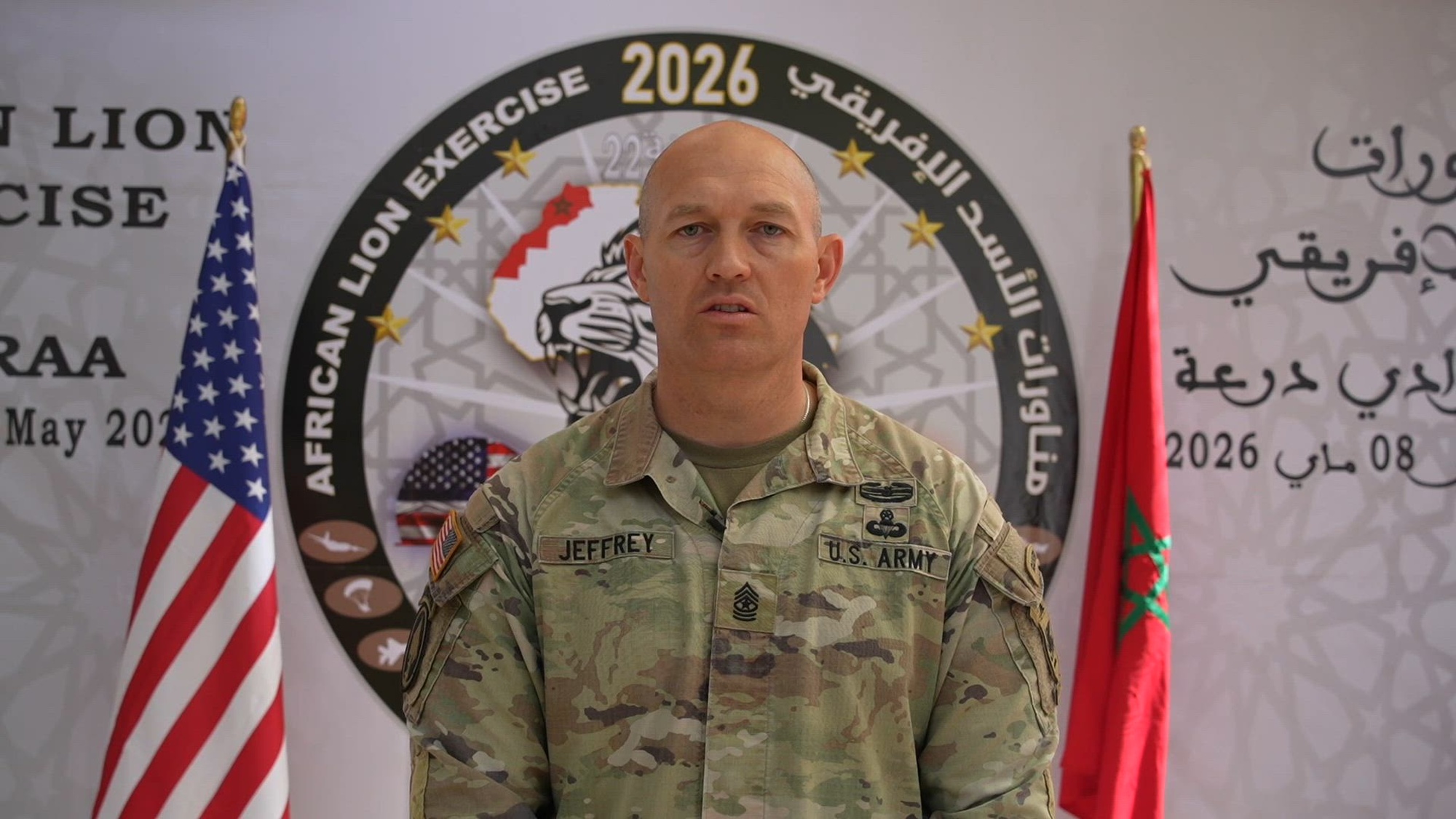 U.S. Army Sgt. Maj. Patrick Jeffrey, senior enlisted advisor for training and exercises, U.S. Army Southern European Task Force, Africa (SETAF-AF), discusses force modernization during African Lion 26 at Cap Draa, Tan-Tan, Morocco, May 8, 2026. The exercise gave service members an opportunity to test artificial intelligence-powered and autonomous platforms, remote systems, and emerging technologies across attack, defense and mission command operations. The experimentation accelerated target detection, shortened decision timelines and delivered cost-effective warfighting solutions aligned with African partner priorities.

AL26 is U.S. Africa Command's largest annual joint exercise, designed to strengthen collective security capabilities of the U.S., African nations and global allies. Led by U.S. Army Southern European Task Force, Africa (SETAF-AF) from April 20 to May 8, 2026, and hosted in Ghana, Morocco, Senegal and Tunisia, AL26 involves over 5,600 civilian and military personnel from more than 40 nations, using innovation to drive partner-led regional security. (Courtesy video by Blue Tree Production)
