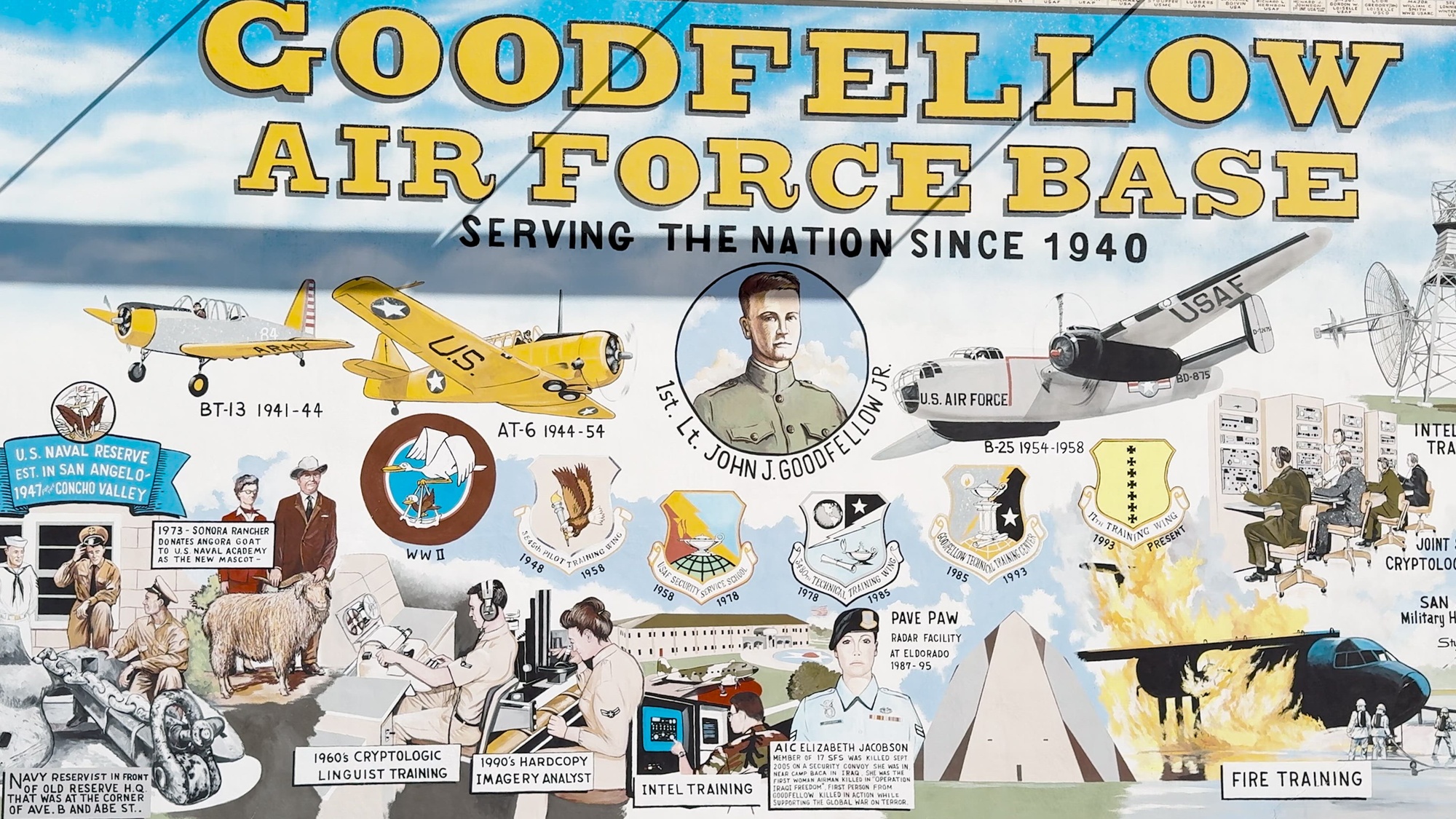 Art meets history in downtown San Angelo!  This incredible mural located at 108 E. Concho Avenue highlights the key moments and individuals that shaped the legacy of Goodfellow Air Force Base.