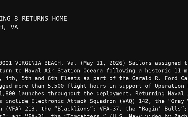 Carrier Air Wing (CVW) 8 Returns Following 11-Month Deployment