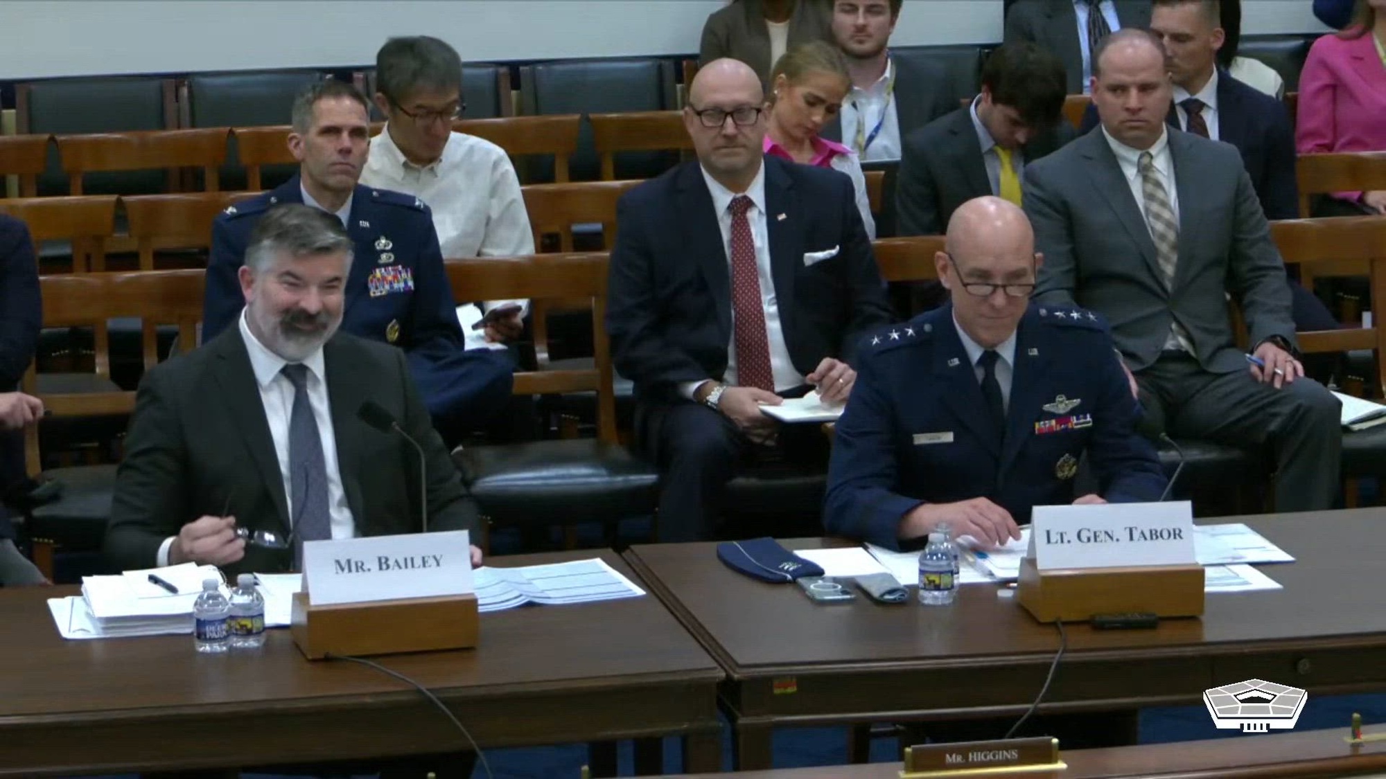 William D. Bailey, performing the duties of the assistant secretary of the Air Force for acquisition, technology and logistics, and Air Force Deputy Chief of Staff for Plans and Programs Lt. Gen. David H. Tabor testify before the House Armed Services Committee’s seapower and projection forces subcommittee regarding the proposed fiscal year 2027 Air Force budget during a hearing in Washington, May 13, 2026
