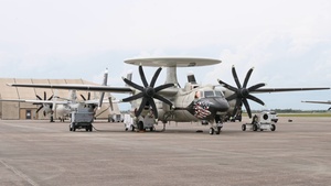E-2D Hawkeyes take flight for command and control at Checkered Flag 26-2 (B-roll)