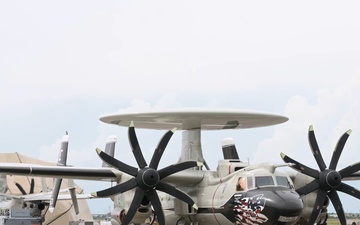 E-2D Hawkeyes take flight for command and control at Checkered Flag 26-2 (B-roll)