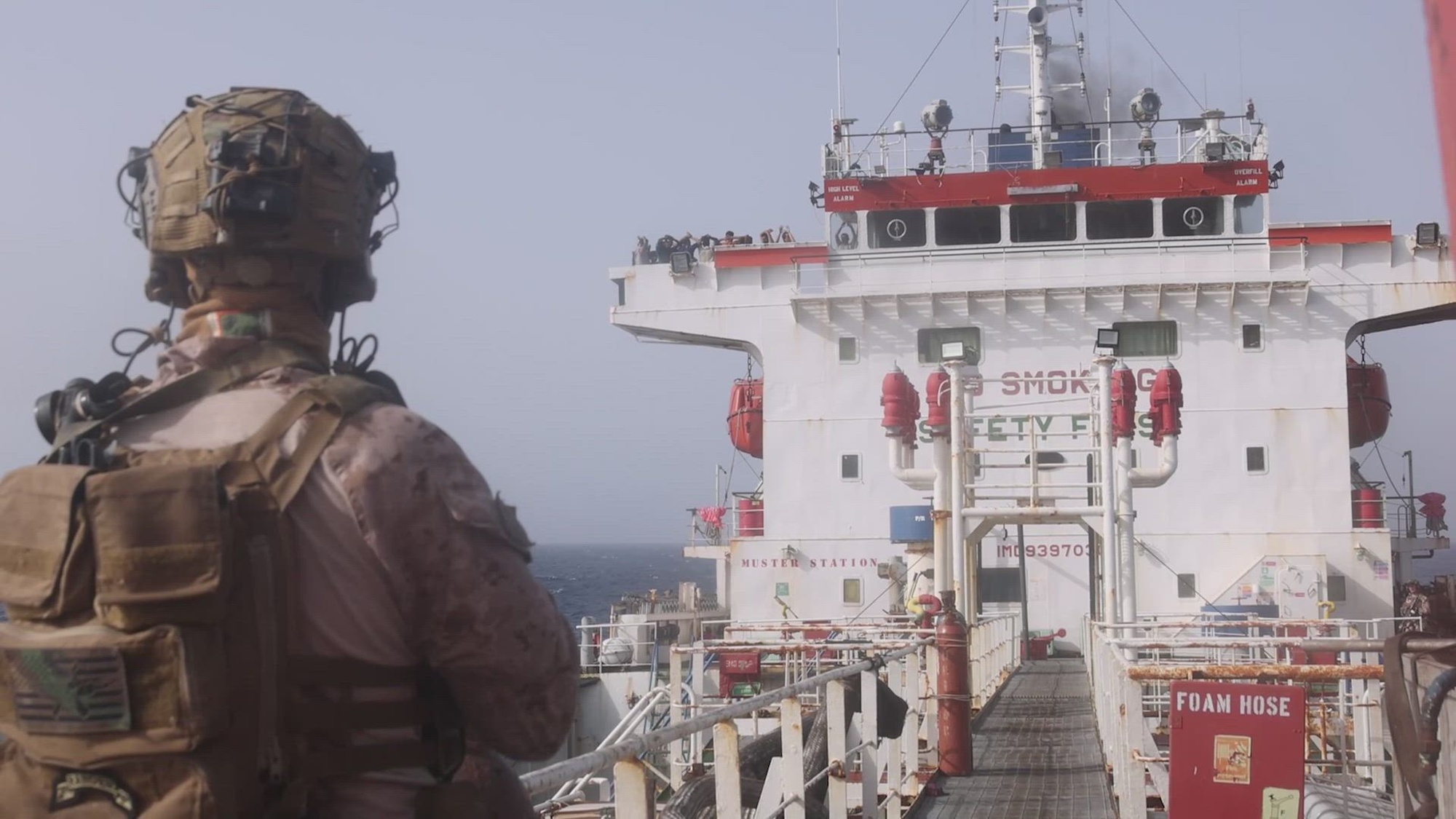 U.S. Marines from the 31st Marine Expeditionary Unit boarded M/T Celestial Sea, an Iranian-flagged commercial oil tanker suspected of attempting to violate the U.S. blockade by transiting toward an Iranian port, May 20, in the Gulf of Oman. American forces released the vessel after searching and directing the ship’s crew to alter course. U.S. forces continue to fully enforce the blockade and have now redirected 91 commercial ships to ensure compliance. (U.S. Central Command Video)