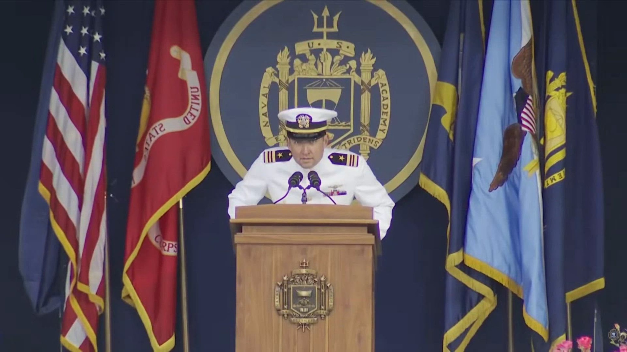 Air Force Gen. Dan Caine, chairman of the Joint Chiefs of Staff, delivers the commencement address to the 2026 graduating class of the U.S. Naval Academy during a ceremony at Navy-Marine Corps Memorial Stadium in Annapolis, Md., May 22, 2026.