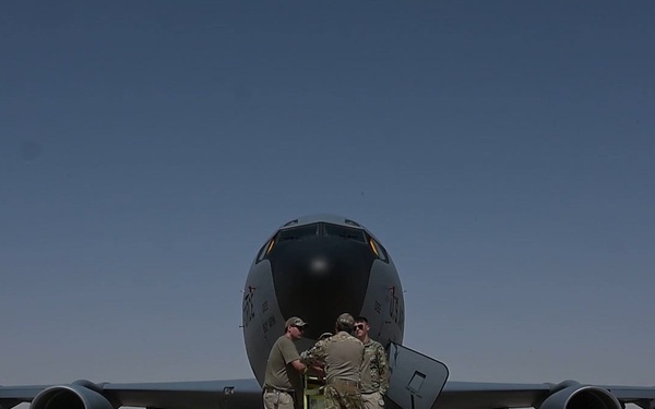 KC-135 Stratotanker refuels F-16 Fighting Falcon during security operations