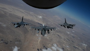 Three F-16 Fighting Falcon aircraft fly over USCENTCOM AOR