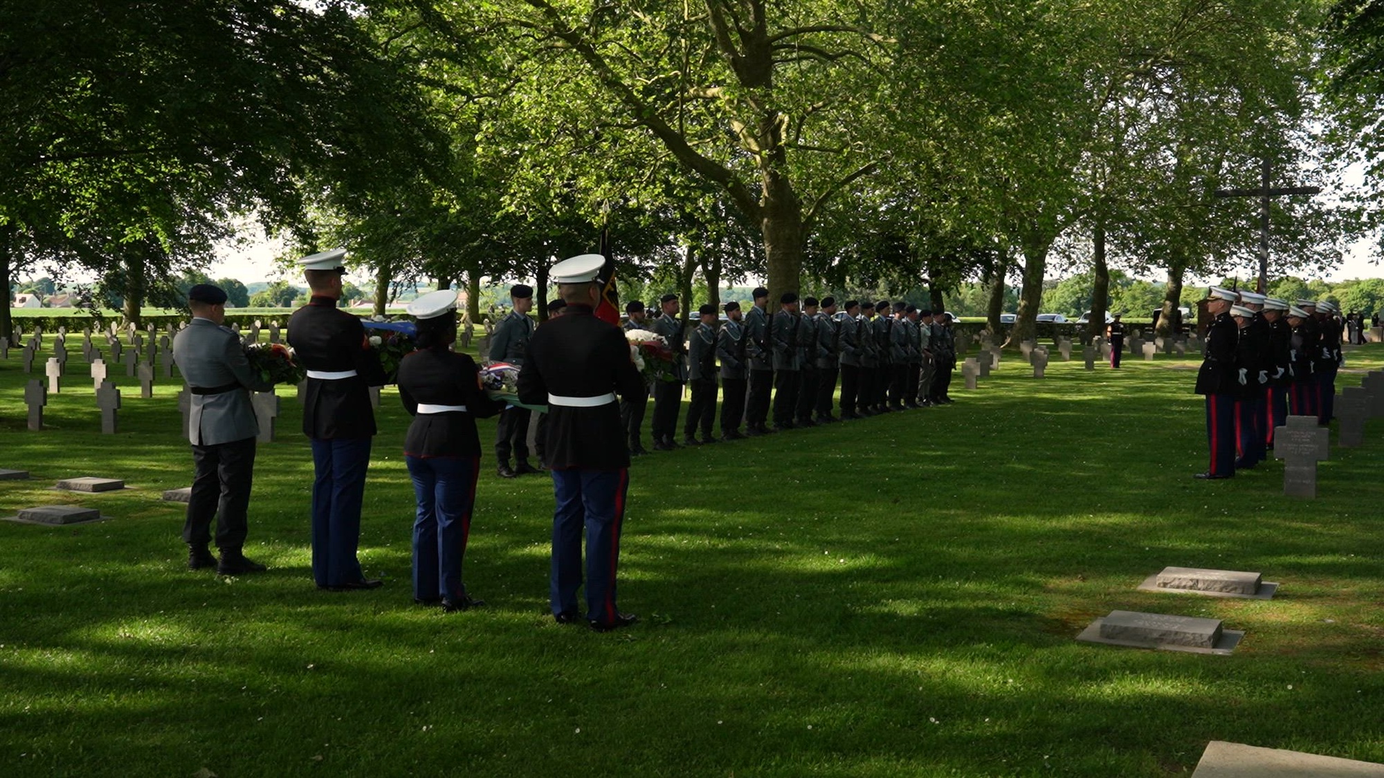 U.S. Marines participate alongside French and German military forces during the Belleau German Military Cemetery Memorial Ceremony in Chateau-Thierry, France, May 23, 2026. The event is one of four joint memorial ceremonies held by U.S., French, and German military forces to mark the 108th anniversary of the historic World War I battle. This annual commemoration honors the legacy of service members who gave their lives in defense of the United States and its European allies, highlighting the enduring bond between partner nations. (U.S. Marine Corps photo by Sgt. Noah Masog)