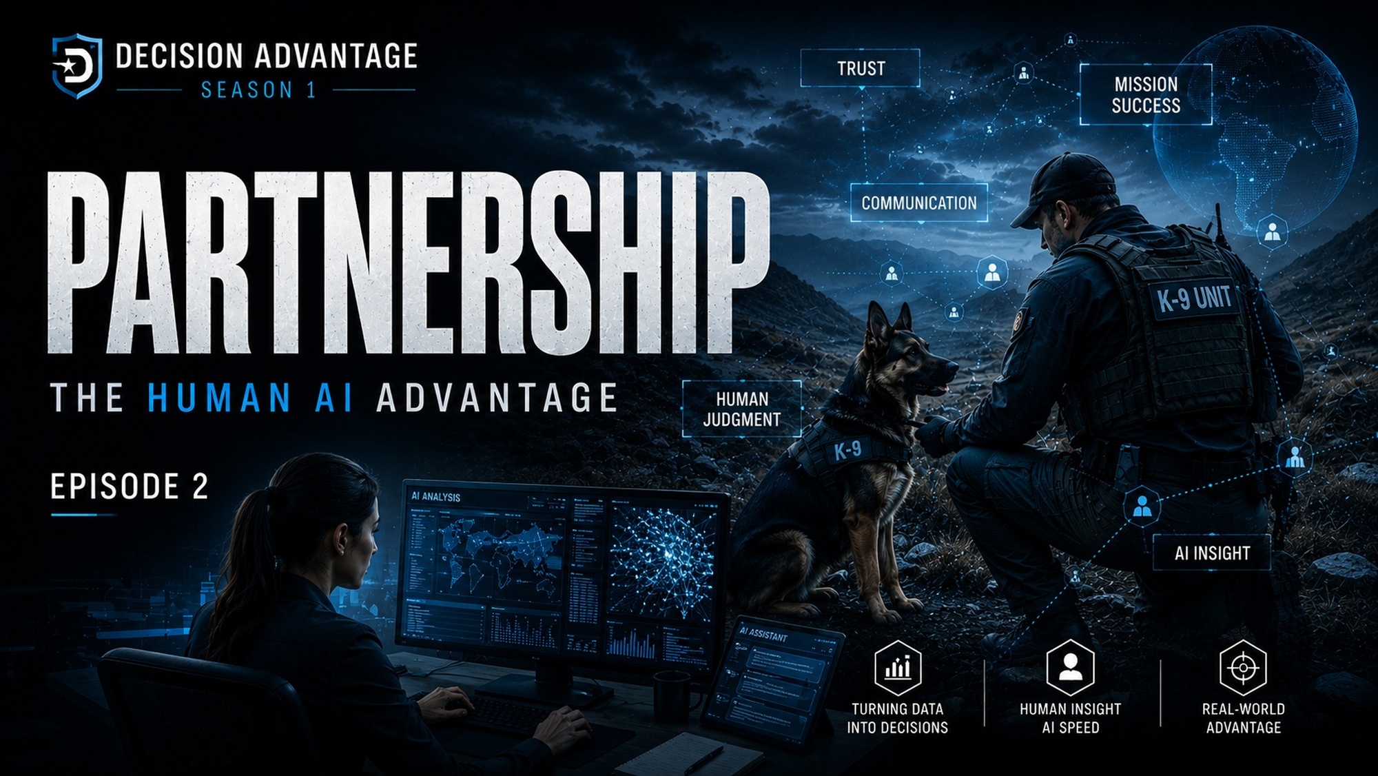 The image shows a split scene with a woman at a data analysis workstation on one side and a K-9 officer with his dog on the other. Overlaid are futuristic graphics and terms like "Trust," "AI Insight," and "Mission Success,"