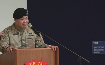 B-roll: US Army Capt. Calvin Au shares remarks during a change of command ceremony