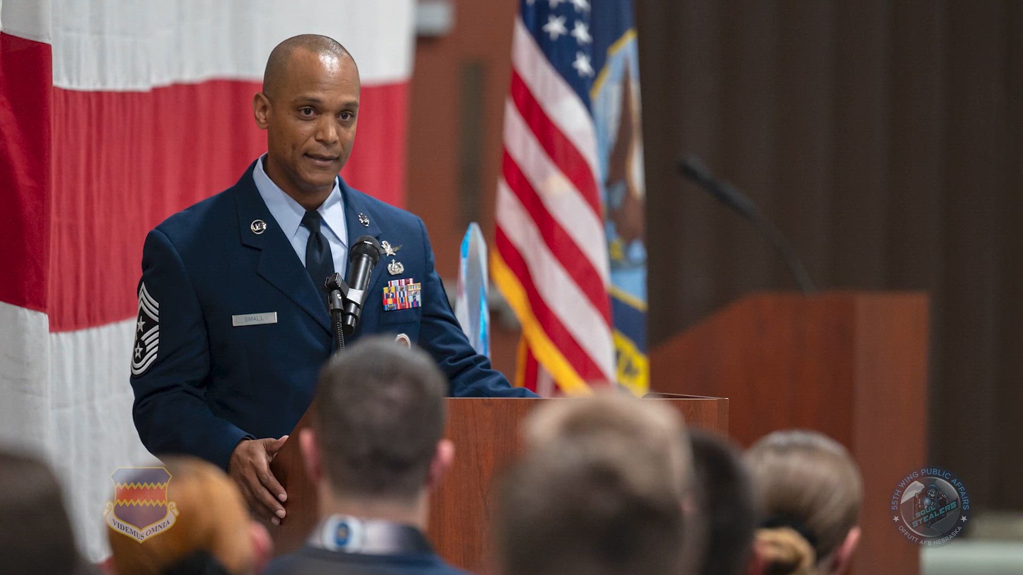 A standing-room-only crowd of Team Offutt personnel and local community members gathered at the Bennie L. Davis Maintenance Facility to bid farewell to Chief Master Sgt. Andrew Small, former 55th Wing command chief. Attendees packed the facility to honor Small's dedication to the mission and celebrate his remarkable legacy of leadership. (U.S. Air Force video by J.B. Artley and Kei Williams)

This video contains music from a 55th Wing Public Affairs licensed asset from Adobe Stock.