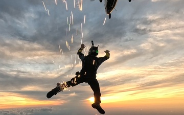 The U.S. Army Parachute Team jumps at sunset over Washington Monument for Freedom 250 events