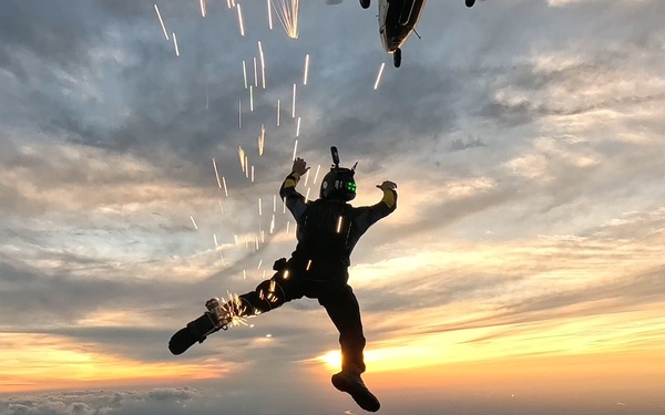 The U.S. Army Parachute Team jumps at sunset over Washington Monument for Freedom 250 events