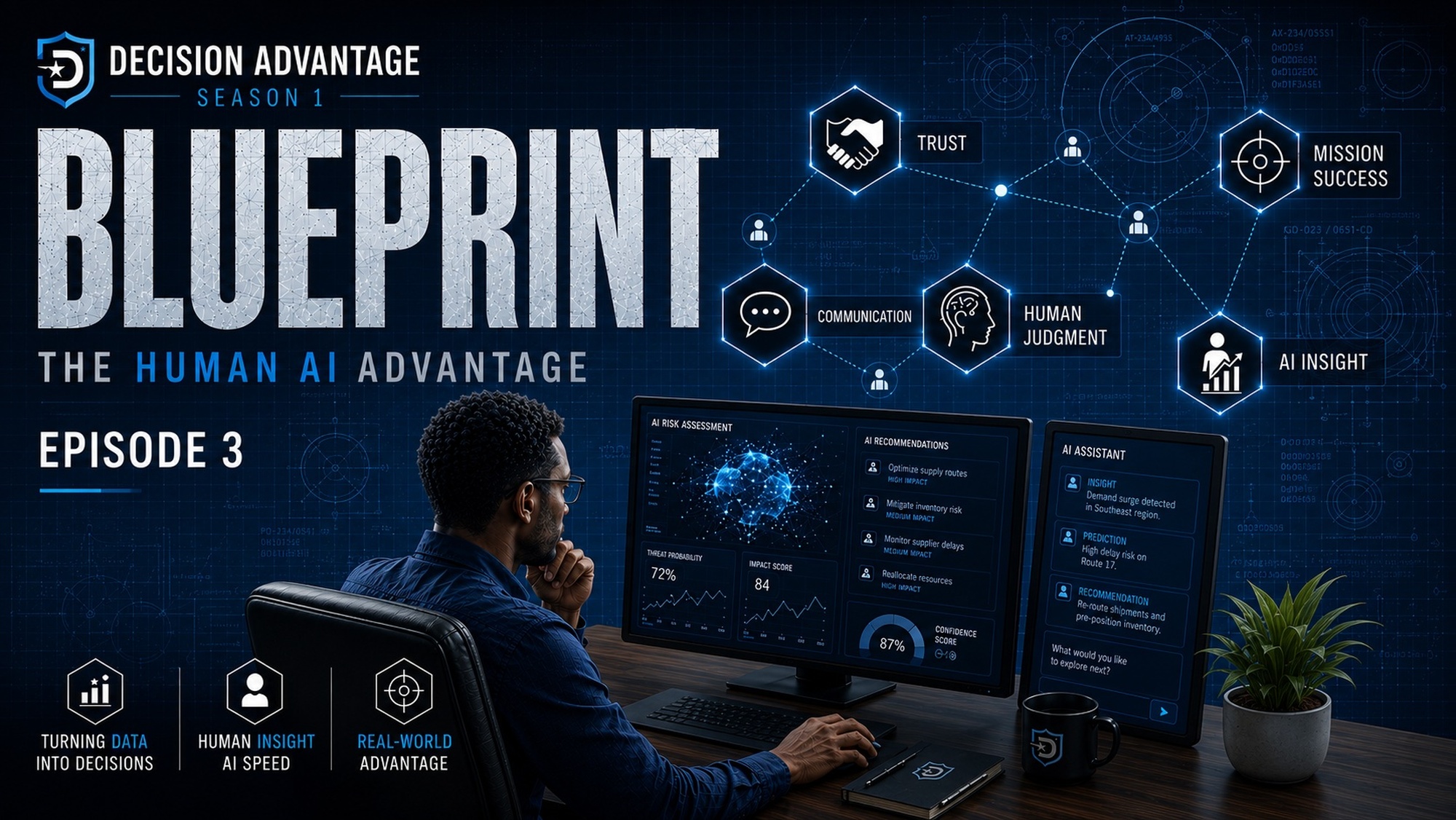 Text says Decision Advantage Season 1, Blueprint: The Human AI Advantage Episode 3. A man sits at a desk with two computer screens displaying dashboards.
