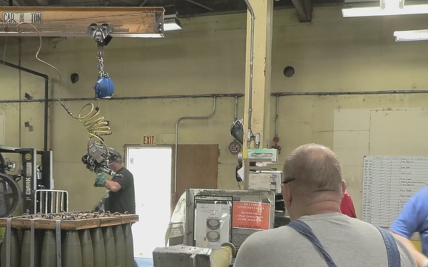 155mm/ M795 projectile paint line at Iowa Army Ammunition Plant.