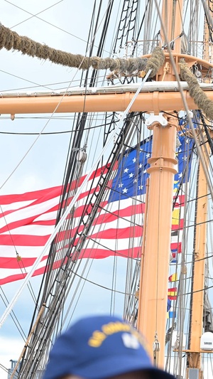 U.S. Coast Guard Cutter Eagle leads parade of sail during Sail250 Virginia opening ceremony