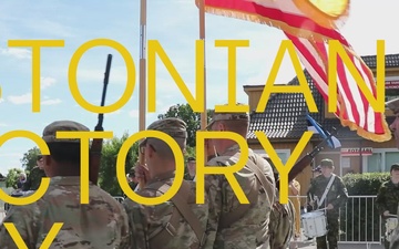 U.S. Army National Guard and Air National Guard Soldiers participating in a color guard detail during the Estonian Victory Day parade.