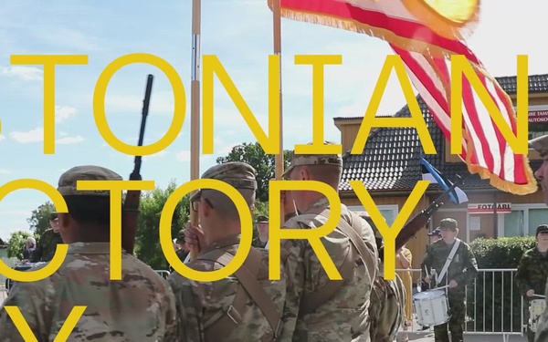 U.S. Army National Guard and Air National Guard Soldiers participating in a color guard detail during the Estonian Victory Day parade.